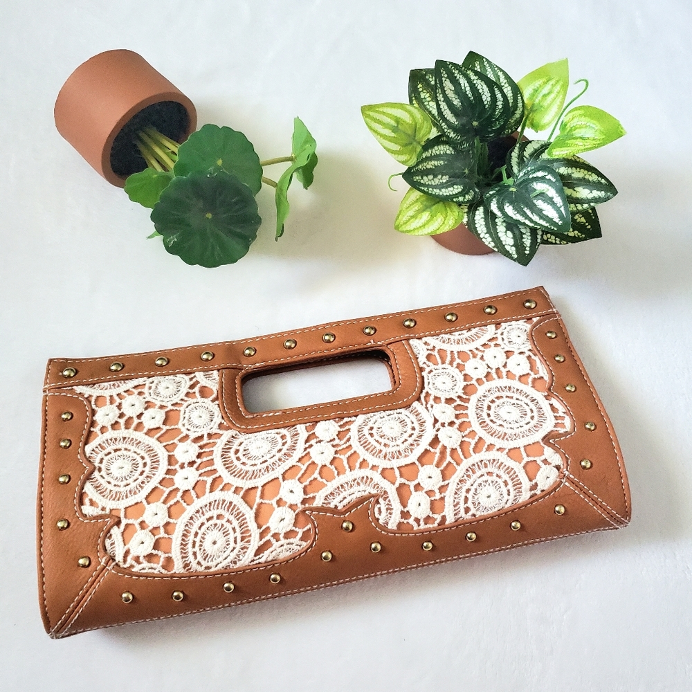 Women lace brown Faux leather snap botton clutch bag